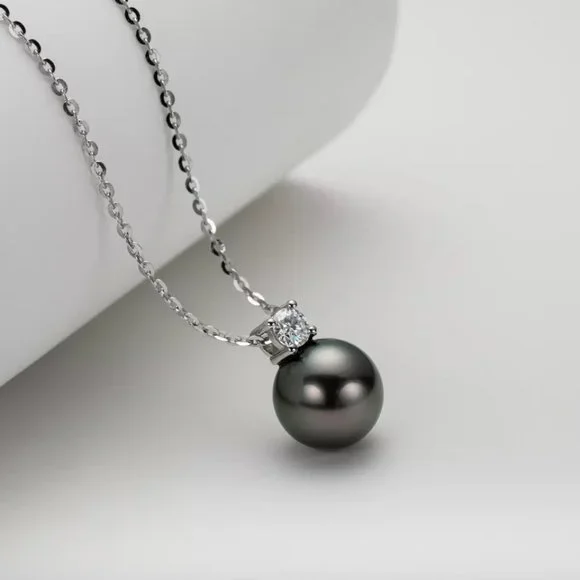 Genuine Tahitian Pearl 0.3ct. t.w. Diamond Necklace 18k Gold over Italy Silver - Picture 4 of 16